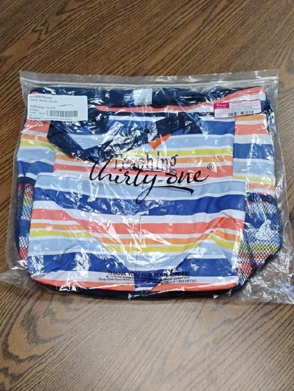Thirty-One Vista Stripe Crossbody Tote - Navy, Coral, Light Blue, Yellow. NWT.